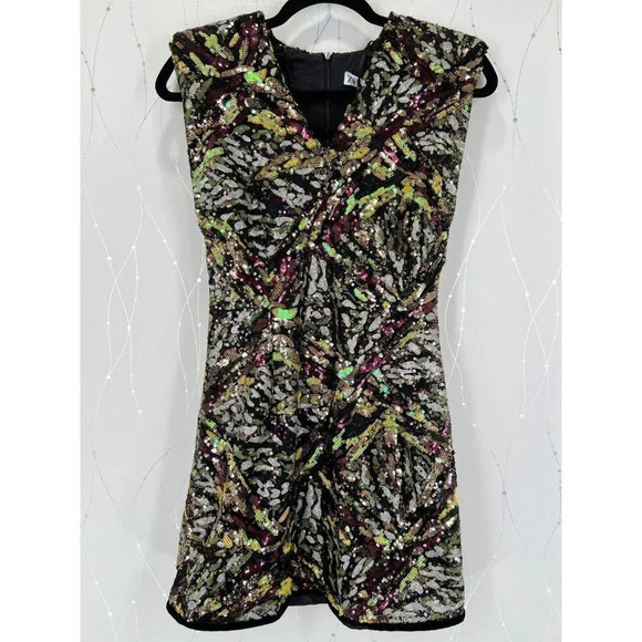 NWT ZARA Black Sequin Multicolored Mini Dress $119 - Picture 3 of 10